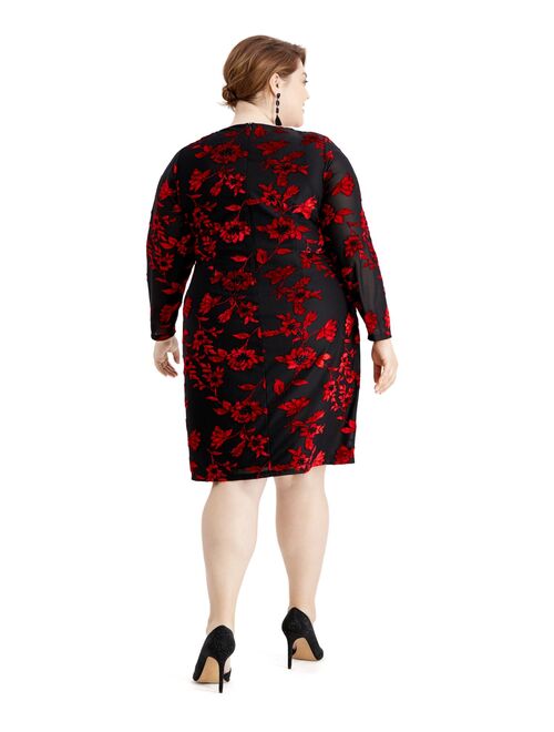JESSICA HOWARD Womens Black Floral Long Sleeve Jewel Neck Knee Length Sheath Evening Dress  Size 20W