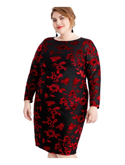 JESSICA HOWARD Womens Black Floral Long Sleeve Jewel Neck Knee Length Sheath Evening Dress  Size 20W
