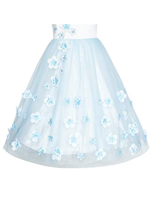 Sunny Fashion Flower Girls Dress Blue Petals Wedding Bridesmaid Birthday Party