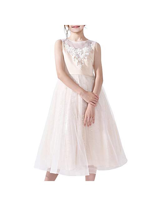 Sunny Fashion Flower Girl Dress Tea Length Champagne Wedding Bridesmaid