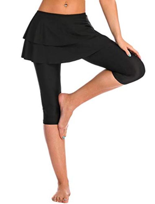 HonourSex Women Swim Skirt with Leggings Modest Swimsuits Plus Size Knee Length Skirt Capris