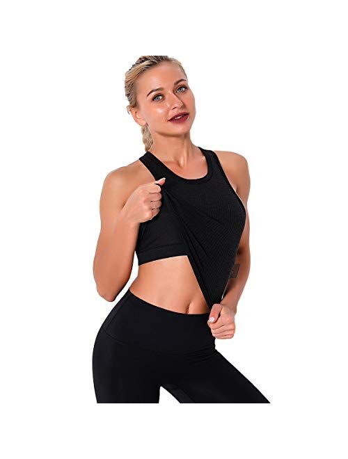 Women Seamless Workout Tank Tops Ribbed Gym Athletic Camisole with Built in Bra