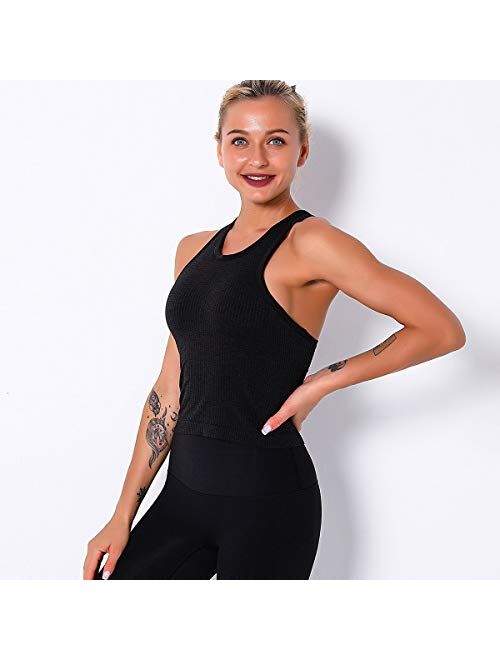 Women Seamless Workout Tank Tops Ribbed Gym Athletic Camisole with Built in Bra