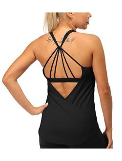 icyzone Built in Bra Workout Tank Tops for Women - Open Back Strappy Athletic Yoga Tops Exercise Running Gym Shirts