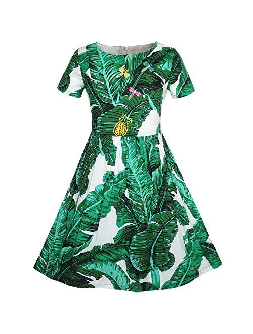 Sunny Fashion Girls Dress Green Leaf Print Pineapple Dragonfly Size 5-10