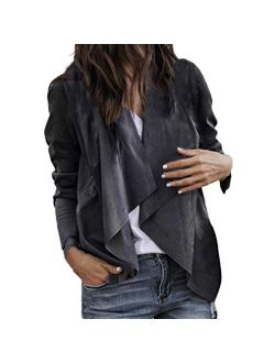 Misaky Women's 2018 Autumn Leather Open Front Short Cardigan Suit Jacket Work Office Coat