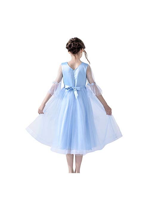 Sunny Fashion Flower Girls Dress Blue Bell Sleeves Wedding Bridesmaid Size 6-12