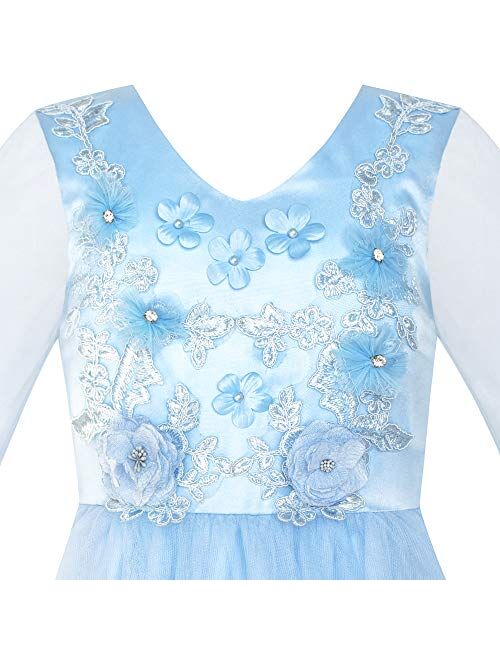 Sunny Fashion Flower Girls Dress Blue Bell Sleeves Wedding Bridesmaid Size 6-12