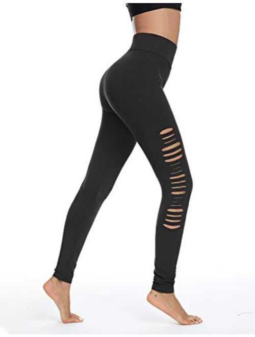 LouKeith Womens Leggings Ripped Cutout High Waist Yoga Workout Running Distressed Skinny Pants