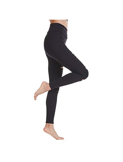 FOXWISH High Waist Yoga Pants Cutout Ripped Skinny Leggings for Women Super Soft and Comfortable