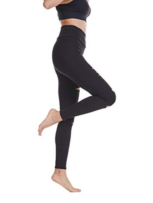 Baihetu Women's High Waist Yoga Pants Cutout Ripped Super Soft and Comfortable Skinny Leggings