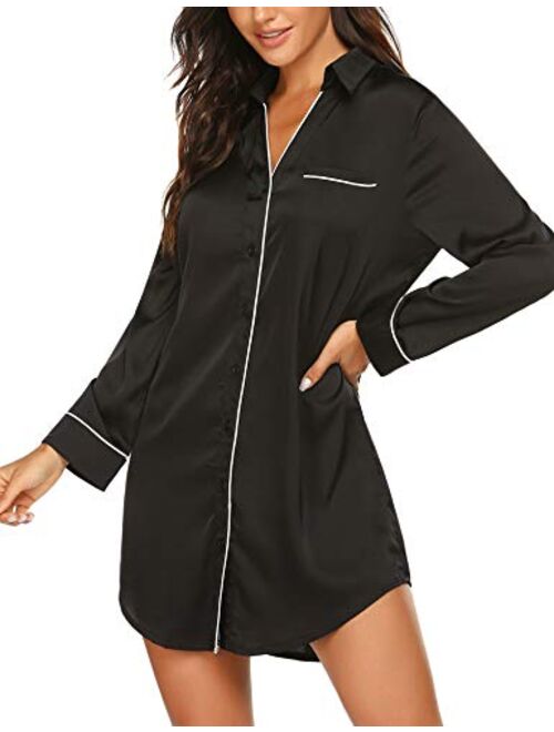 Ekouaer Women's Boyfriend Style Satin Sleep Shirts