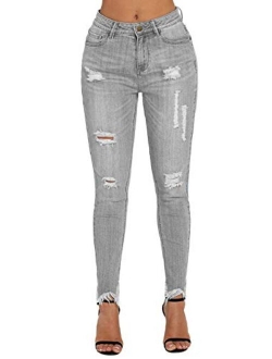roswear Women's Ripped Mid Rise Frayed Hem Denim Stretchy Skinny Jeans