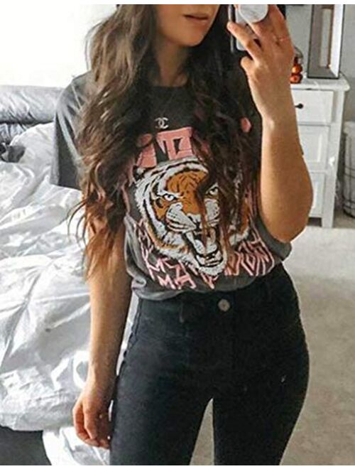 Tiger Printed Short Sleeve Tshirts,Womens Summer Crewneck Graphic Tee Shirt Blouse Tops