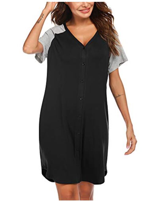 Ekouaer Women's Nightgown Short Sleeves Nightshirt V-Neck Sleepwear Button Down Pajama Dress
