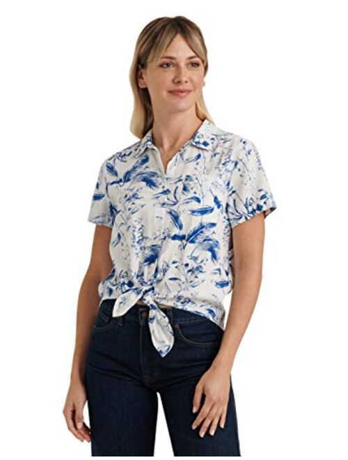 Lucky Brand Women's Short Sleeve Button Up One Pocket Tie Front Shirt