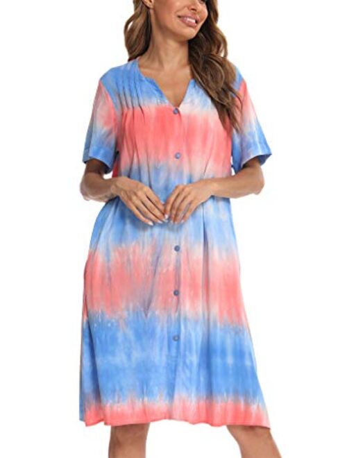 YOZLY House Dress Women Cotton Duster Robe Short Sleeve Housecoat Button Down Nightgown