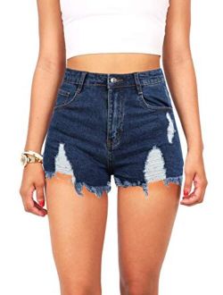 Women's Demin Shorts Frayed Hem High Waisted Distressed Ripped Stretch Jeans