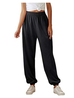 Womens Casual Stretch Drawstring Jogger Pants High Waisted Workout Lounge Capri Sweatpants with Pockets