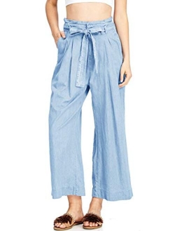 Women's High Waist Wide Leg Jeans Ankle Length Palazzo Denim Culottes with Tie and Pockets