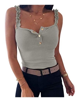 Womens Sexy Sleeveless Tank Tops Ruffle Strap Bodycon Square Neck Button Ribbed Knit Blouse