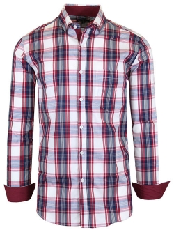Men's Long Sleeve Slim-Fit Cotton-Stretch Plaid Dress Shirts