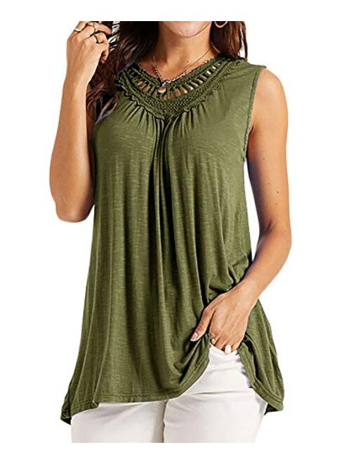 Soulomelody Women's Sleeveless Tank Tops Crochet Lace Shirts Summer Basic Casual Loose Fit Tees Tunics Pleated Blouses