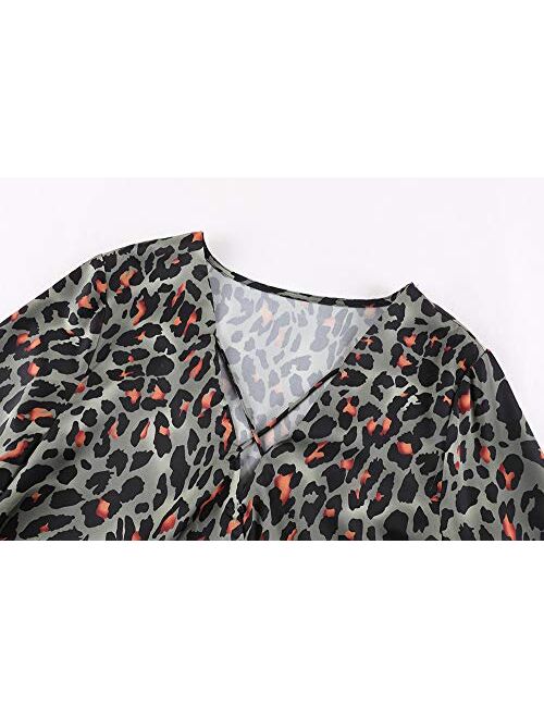 Meilidress Womens Long Bell Sleeve Blouse Sexy Criss Cross V Neck Casual Leopard Print Loose Wrap Shirt Tops