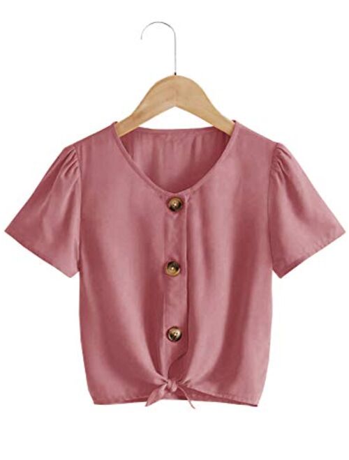 Meilidress Kids Girl's Short Sleeve Tops V Neck Tie Knot Front Button Down Shirts Blouse