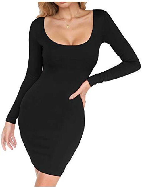 Hioinieiy Women's Boat Neck Long Sleeve Party Stretchy Fitted Bodycon Club Dress