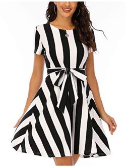 Women's Nightgown Short Sleeve Casual Striped T Shirt Dress with Belt