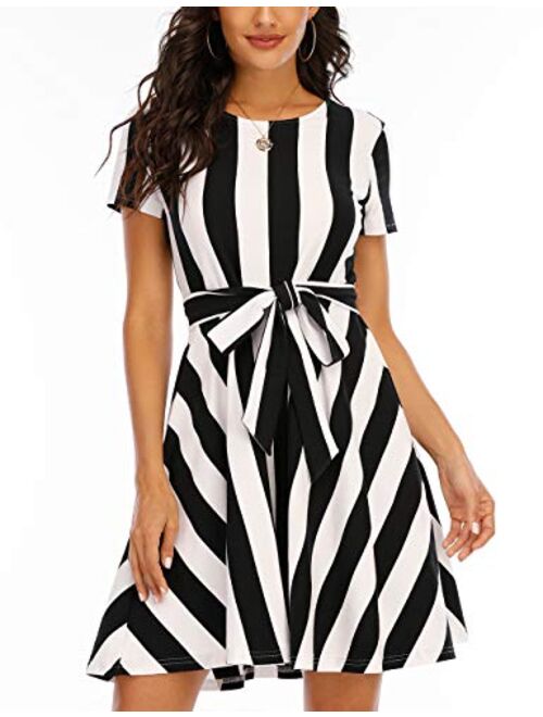 Hioinieiy Women's Nightgown Short Sleeve Casual Striped T Shirt Dress with Belt