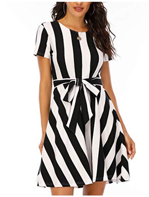 Hioinieiy Women's Nightgown Short Sleeve Casual Striped T Shirt Dress with Belt