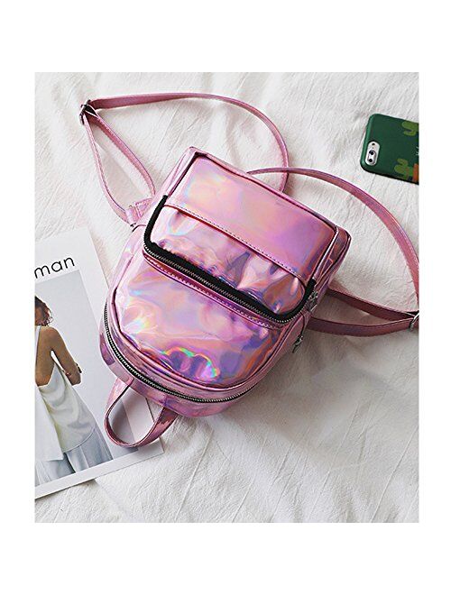 Holographic Laser Mini Leather Backpack Pink Silver