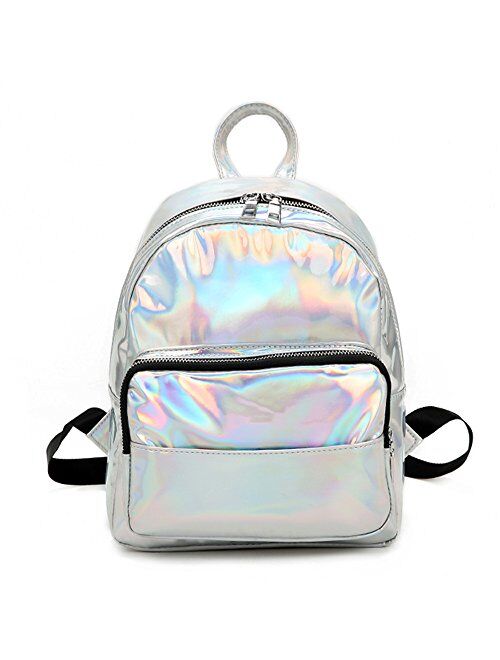 Holographic Laser Mini Leather Backpack Pink Silver
