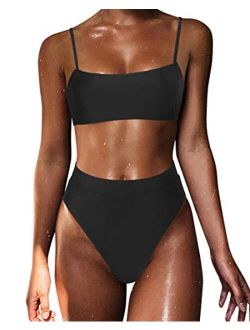 Women High Wasited Bikini Shoulder Strap 2 Piece High Cut String Swimsuits