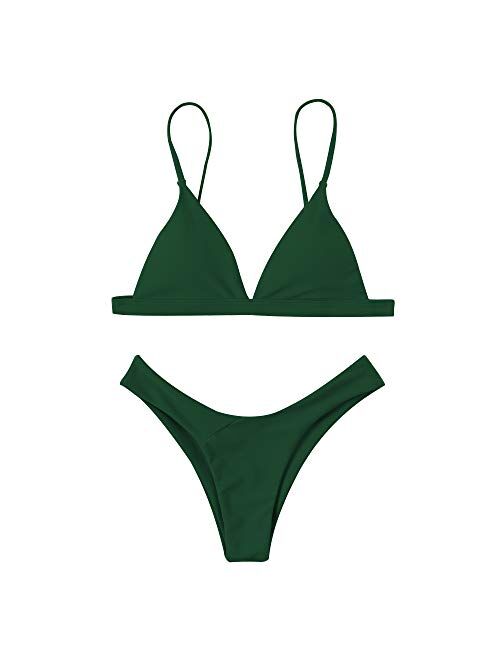 MOSHENGQI Women 2 Piece Brazilian Top V Style Bottom Bikini Set Spaghetti Strap Swimsuit