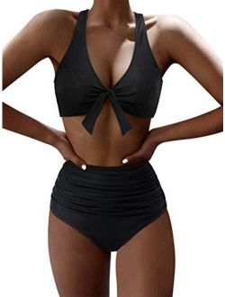 Womens Tie Knot High Waisted Bikini Push Up Criss Cross Back Ruched Two Piece Swimsuit