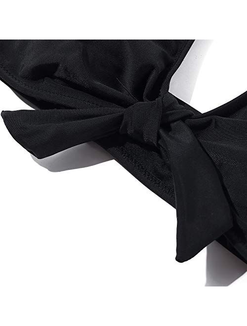 MOSHENGQI Womens Tie Knot High Waisted Bikini Push Up Criss Cross Back Ruched Two Piece Swimsuit