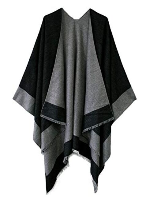 Urban CoCo Women's Open Front Color Block Reversible Wrap Shawl Poncho Cape