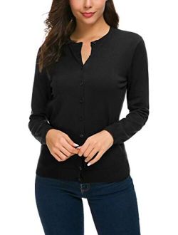 Women's Long Sleeve Button Down Cardigan Crew Neck Classic Knit Sweater for Women