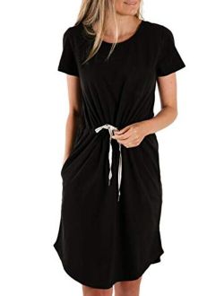 Astylish Women Short Sleeve T Shirt Dress Waist Drawstring Casual Mini Dress with Pockets Crew Neck Bodycon Dress
