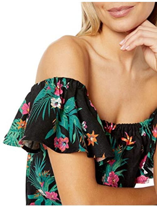 Amazon Brand - 28 Palms Women's Linen Blend Tropical Hawaiian Print Off-Shoulder Dress