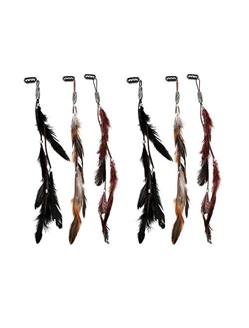 ICYANG Women Feather Hair Clips, Handmade Boho Hippie Hair Extensions with Clip Comb DIY Accessories Hairpin Headdress, Set of 3