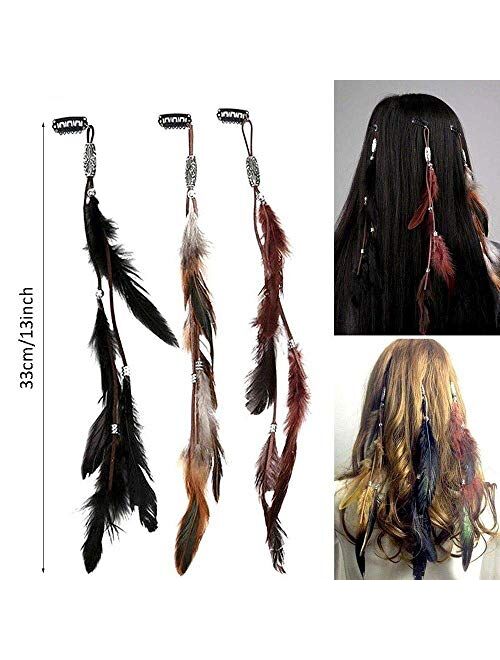ICYANG Women Feather Hair Clips, Handmade Boho Hippie Hair Extensions with Clip Comb DIY Accessories Hairpin Headdress, Set of 3