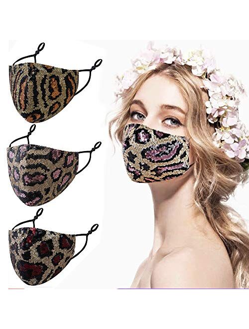 Bling Bling Face_Mask Glitter Face Cover Sequin Bling Decorative Rhinestone Mask for Women Fashion Leopard Fancy Womens Cloth Mask 3Pcs(Red, Pink, Brown)