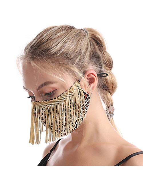 Urieo Leopard Face Mask Yellow Reusable Washable Tassels Masks Christmas Nightclub Party Outdoor Mask for Women and Girls