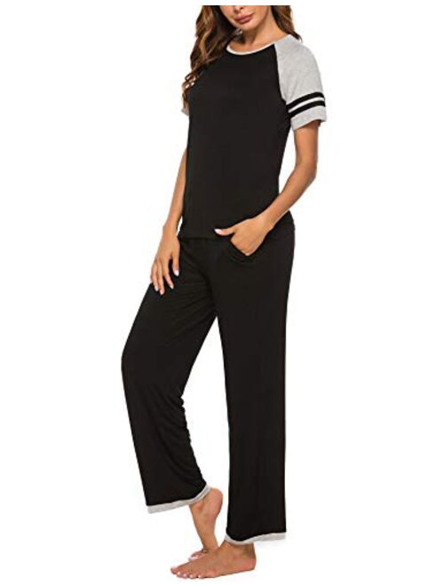 FINWANLO Womens Pajamas Set Short Sleeve Top and Pants with Pockets Cotton Sleepwear Pjs Sets 