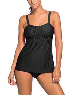 Aleumdr Women's Solid Ruched Tankini Top Swimsuit with Triangle Briefs