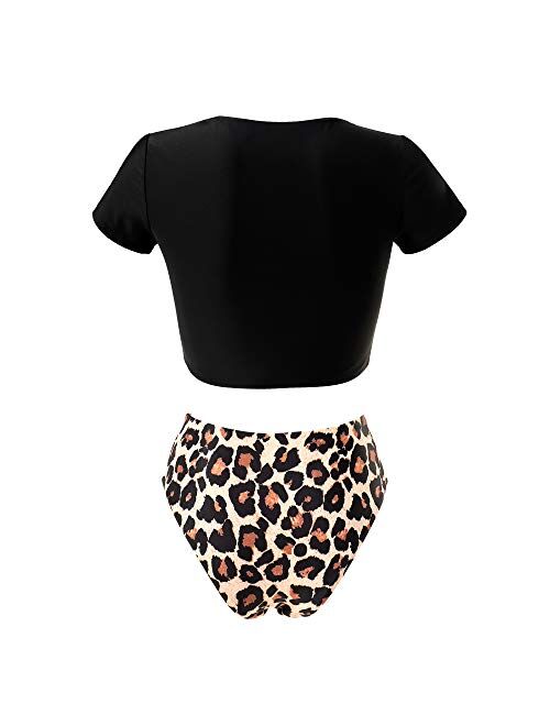 OMKAGI Women's Short Sleeve Bikini Set Sport Swimsuit Top High Cut Thong Bottom